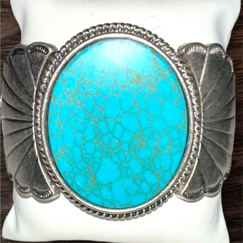 Blue Turquoise Silver Western Southwest Stretch Bracelet Ranch Wear Cowgirl - Picture 11 of 16